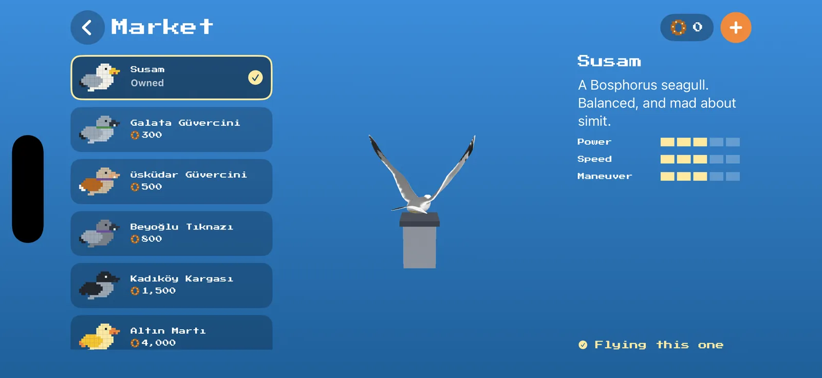 The in-game market: Susam, Galata Güvercini, Üsküdar Güvercini, Beyoğlu Tıknazı, Kadıköy Kargası and Altın Martı with their prices and stats.